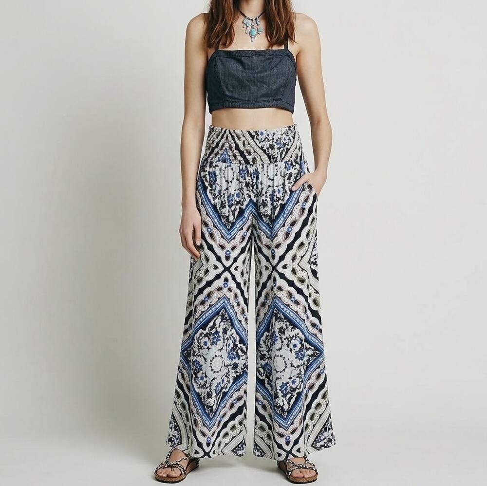 New Free People Women's Blue Multi Geometric Paisley Wide Leg Palazzo Pants Sz S